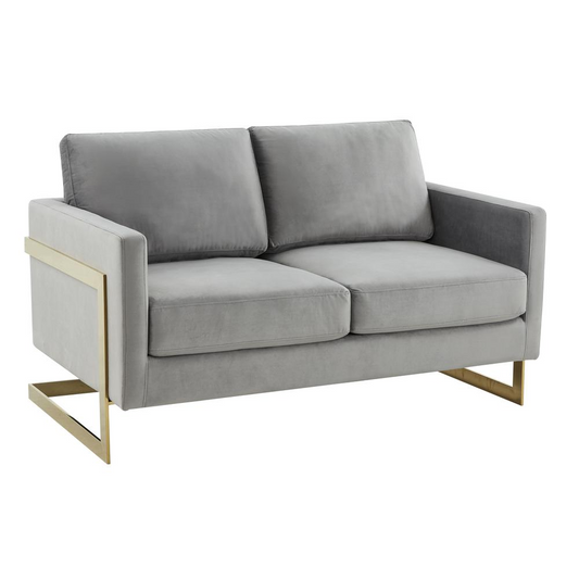 LeisureMod Lincoln Modern Mid-Century Upholstered Velvet Loveseat with Gold Frame, Light Grey