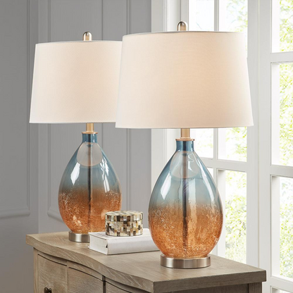 Cortina Table Lamp Set Of 2 - Sleek, Blue Glass Base, Tapered Drum Shade, Accent Lighting for Living Room or Bedroom