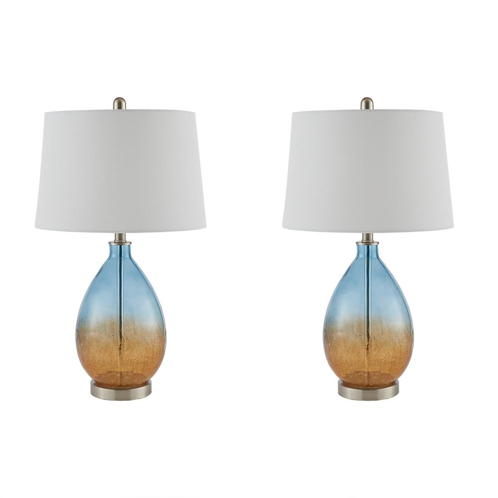 Cortina Table Lamp Set Of 2 - Sleek, Blue Glass Base, Tapered Drum Shade, Accent Lighting for Living Room or Bedroom