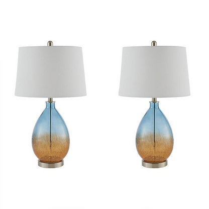 Cortina Table Lamp Set Of 2 - Sleek, Blue Glass Base, Tapered Drum Shade, Accent Lighting for Living Room or Bedroom