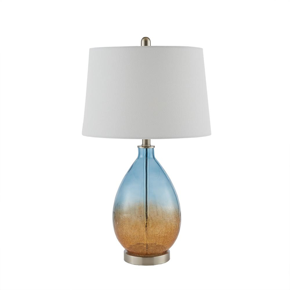 Cortina Table Lamp Set Of 2 - Sleek, Blue Glass Base, Tapered Drum Shade, Accent Lighting for Living Room or Bedroom