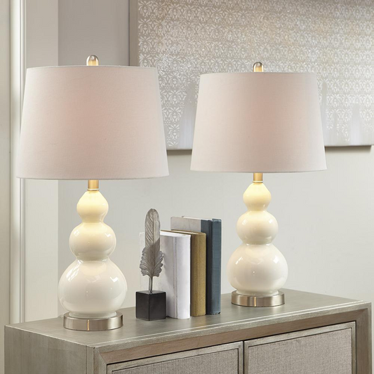 Covey Table Lamp Set of 2 - White Glass and Silver Metal Base, Tapered Drum Shade, Perfect for Living Room or Bedroom Decor