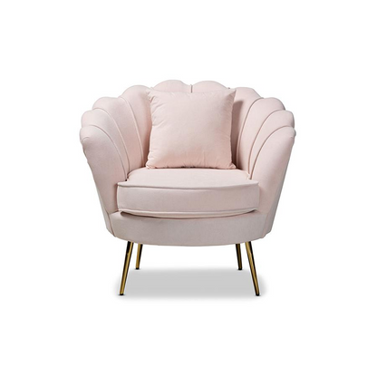 Luxurious Gold Metal Finished Accent Chair - Channel Tufted, Scalloped Edges, Plush Velvet Upholstery