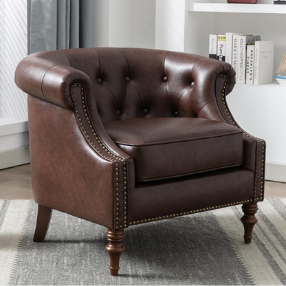 Elegant Chesterfield Button Tufted Accent Chair | Brown Faux Leather