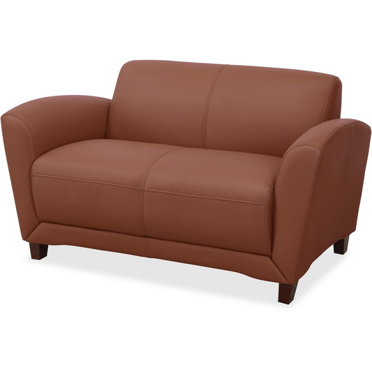 Lorell Mahogany Finish Reception Loveseat - Modern Design and Bonded Tan Leather