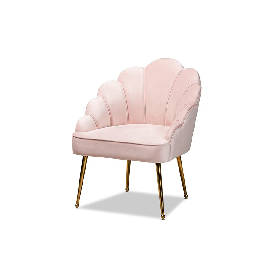 Glamorous Gold Finished Seashell Shaped Accent Chair - Luxurious Velvet Upholstery, Channel Tufted Back, and Splayed Legs