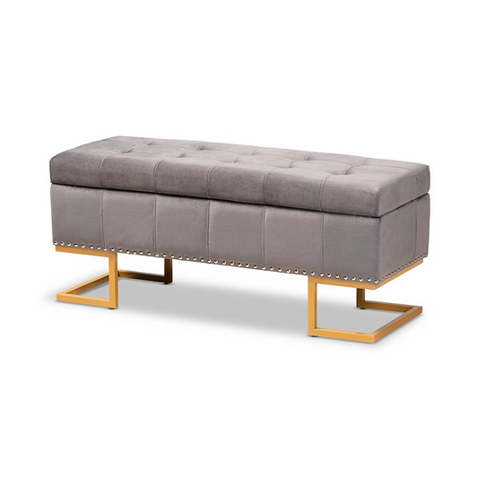 Luxurious Gold Finished Metal Storage Ottoman - Velvet Upholstery