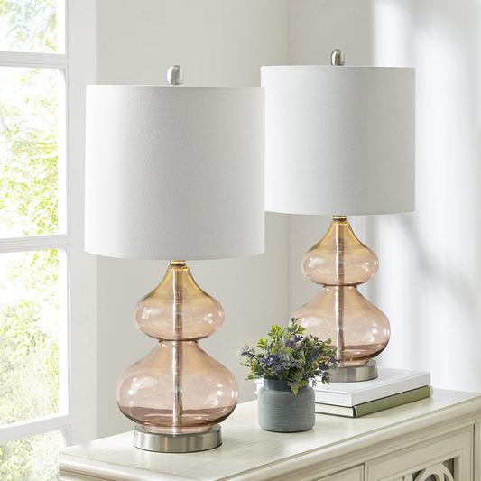 Ellipse Table Lamp Set Of 2 - Pink Glass Base, White Drum Shade