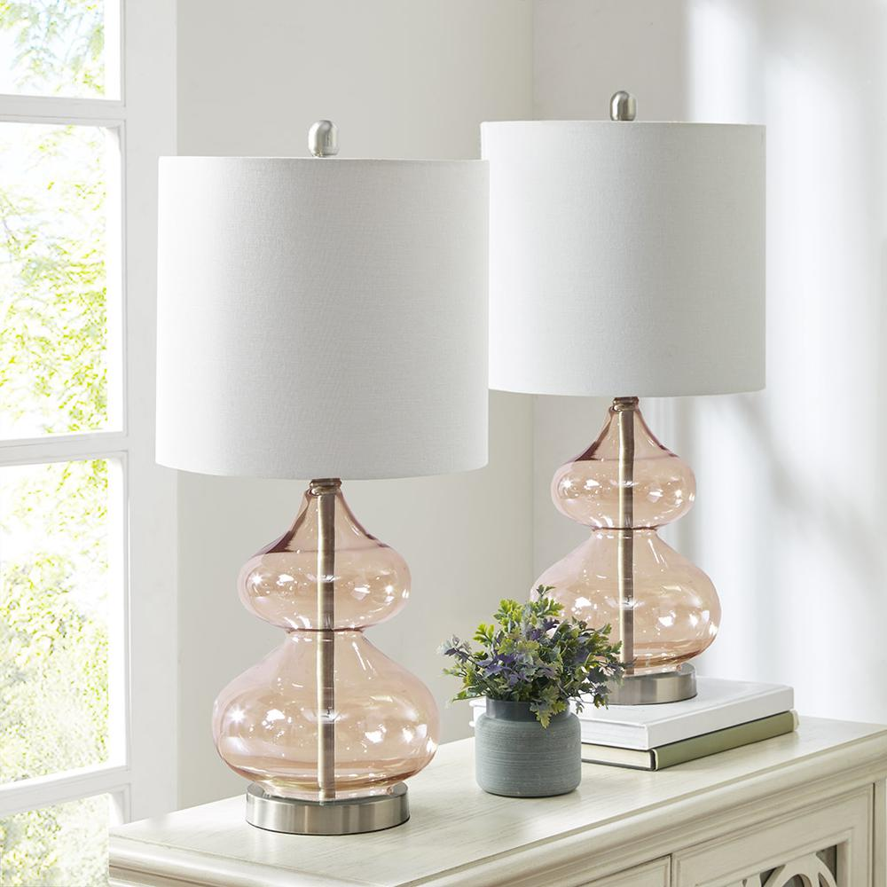 Ellipse Table Lamp Set Of 2 - Pink Glass Base, White Drum Shade