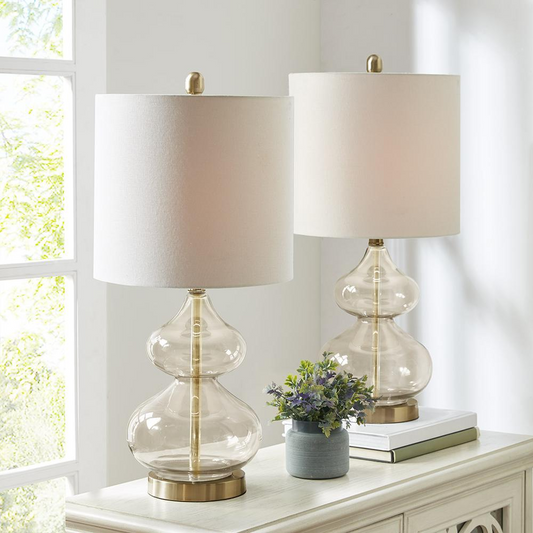 Ellipse Table Lamp Set Of 2 - Elegant Gold Glass Base with White Drum-Shaped Shade