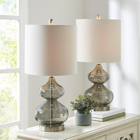 Ellipse Table Lamp Set of 2 - Gray Glass Base, White Drum Shade