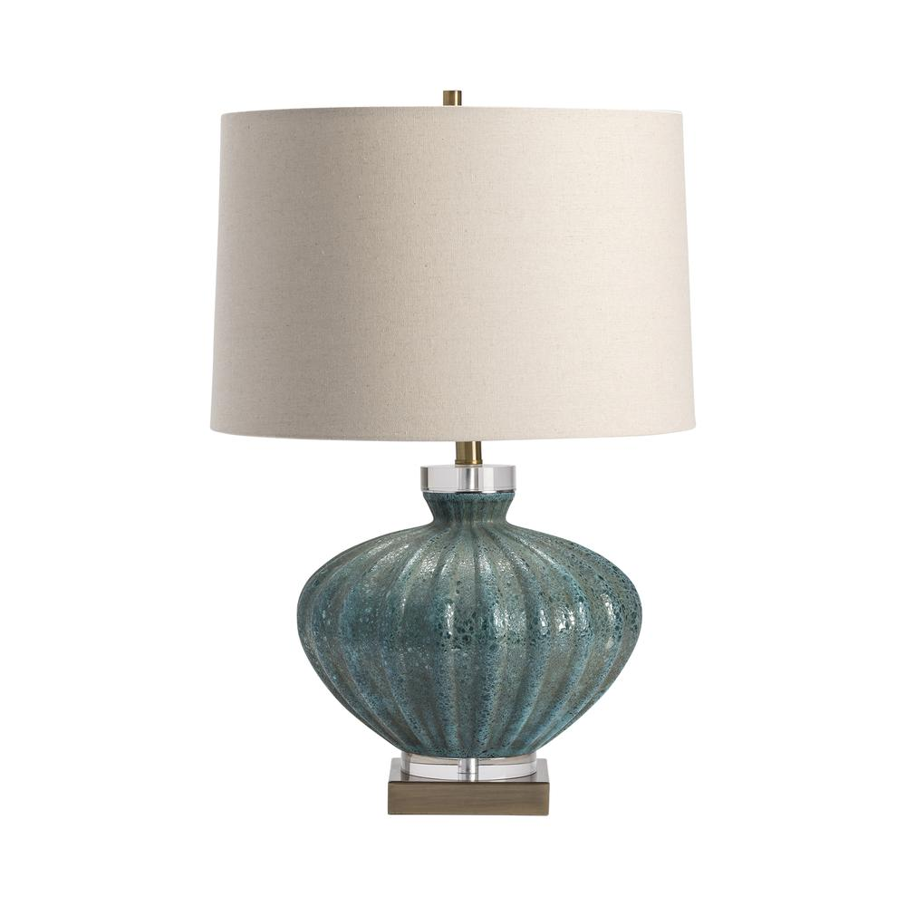 Reeves Table Lamp - Bold Teal Color | Volcanic Glass with Crystal and Antique Brass Accents