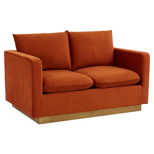 LeisureMod Nervo Modern Mid-Century Upholstered Velvet Loveseat with Gold Frame, Orange Marmalade