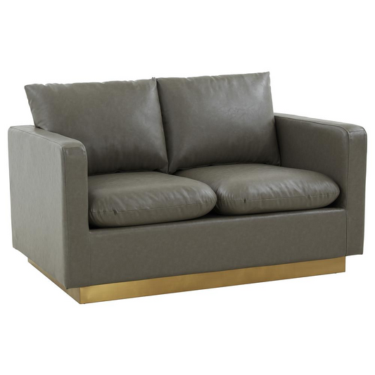 LeisureMod Nervo Modern Mid-Century Upholstered Leather Loveseat with Gold Frame, Grey