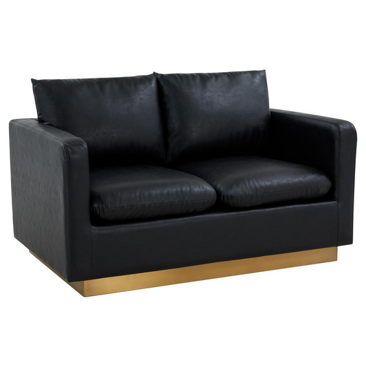 LeisureMod Nervo Modern Mid-Century Upholstered Leather Loveseat with Gold Frame, Black