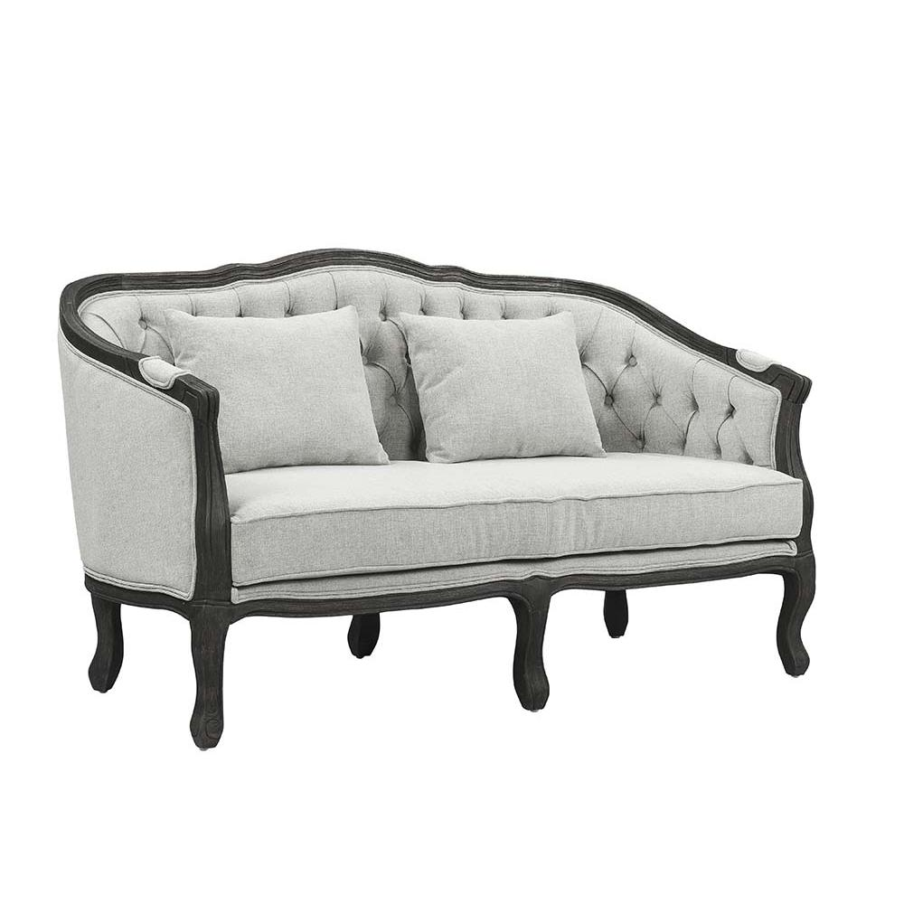 Samael Gray Linen & Dark Brown Finish Loveseat with 2 Pillows | Modern French Design