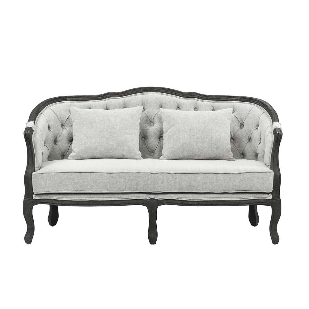 Samael Gray Linen & Dark Brown Finish Loveseat with 2 Pillows | Modern French Design