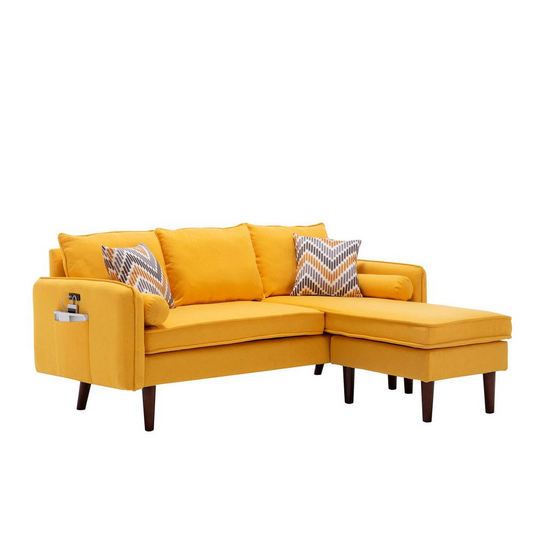 Mia Yellow Sectional Sofa Chaise with USB Charger & Pillows - Mid-Century Modern Style | Solid Wood Frame | Reversible Chaise