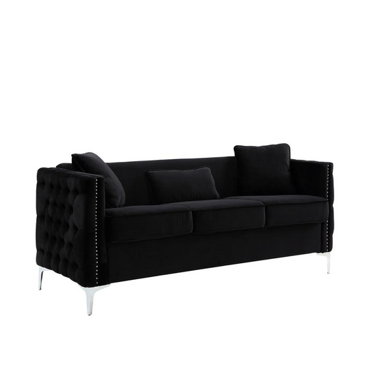 Bayberry Black Velvet Sofa with 3 Pillows - Button Tufted, Nailhead Trim, Chrome Metal Legs