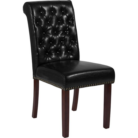 HERCULES Series Black LeatherSoft Parsons Chair with Rolled Back, Accent Nail Trim and Walnut Finish - Stylish, Comfortable, and Durable Dining Room Seating