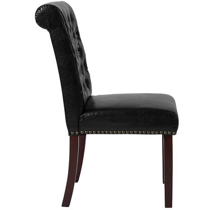 HERCULES Series Black LeatherSoft Parsons Chair with Rolled Back, Accent Nail Trim and Walnut Finish - Stylish, Comfortable, and Durable Dining Room Seating