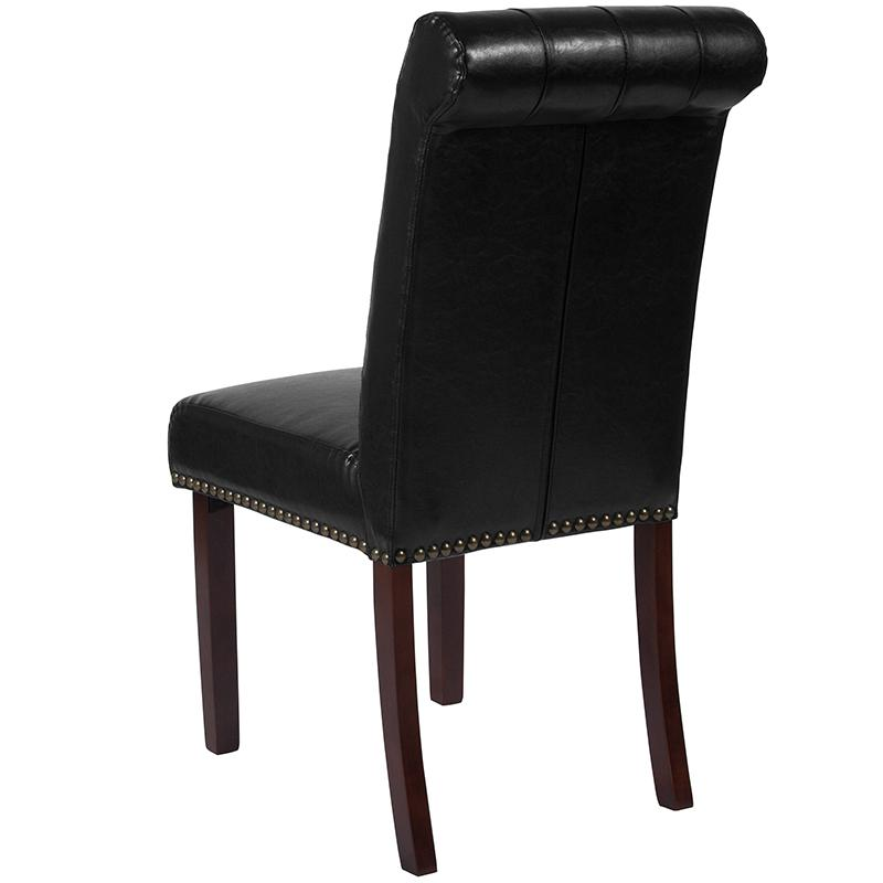 HERCULES Series Black LeatherSoft Parsons Chair with Rolled Back, Accent Nail Trim and Walnut Finish - Stylish, Comfortable, and Durable Dining Room Seating