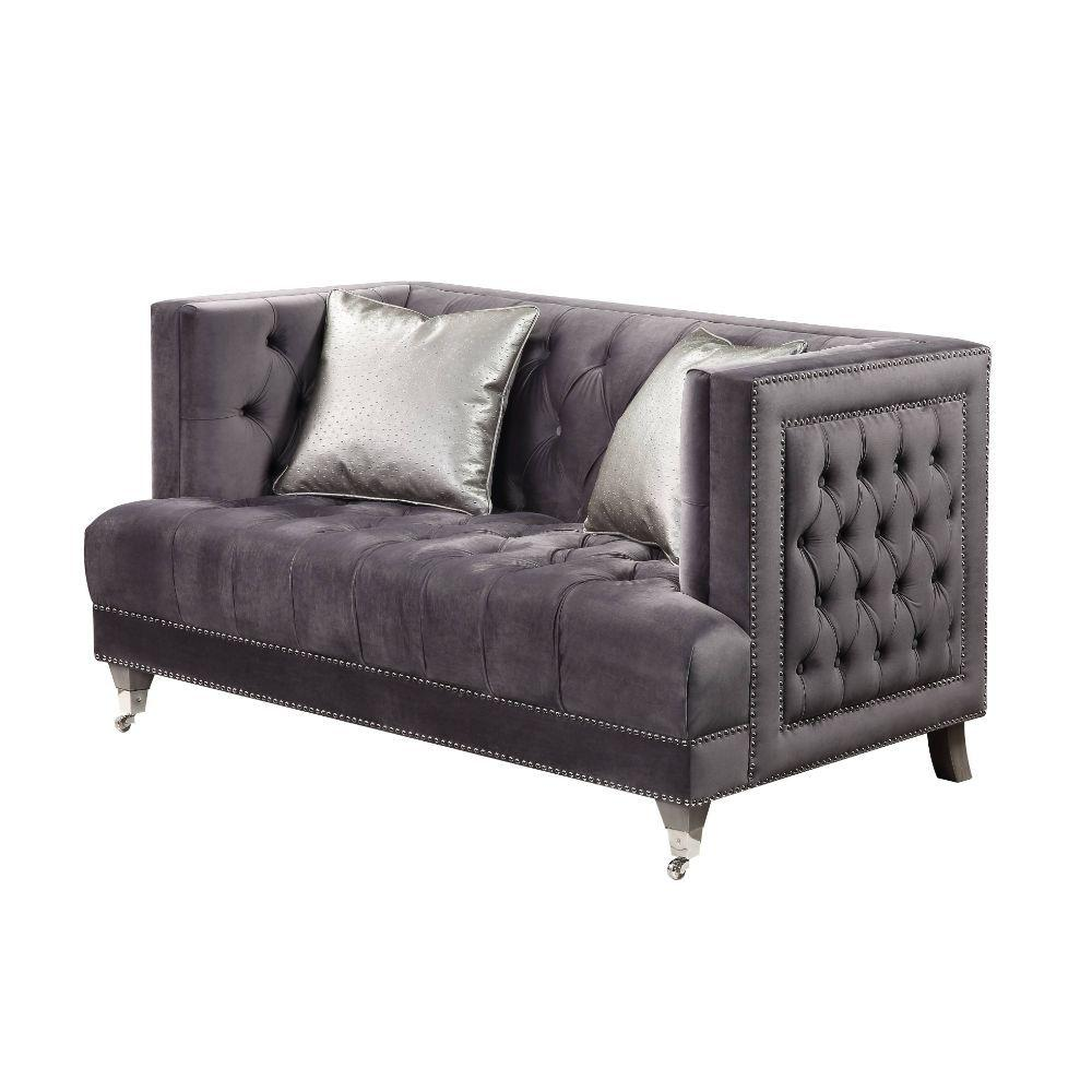 Hegio Gray Velvet Loveseat with 2 Pillows - Glamorous Design and Velvet-Soft Fabric