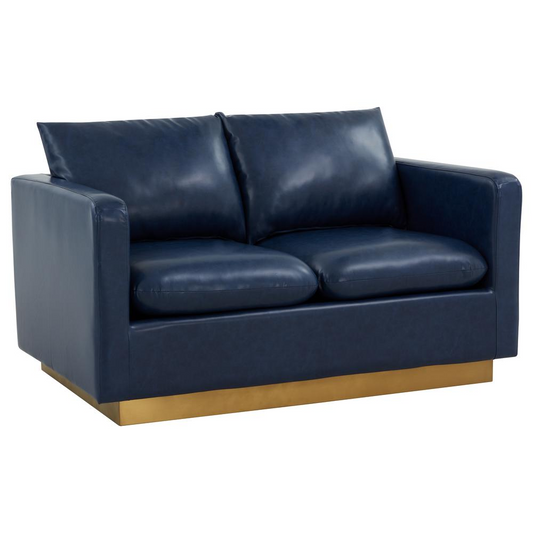 LeisureMod Nervo Modern Mid-Century Upholstered Leather Loveseat with Gold Frame, Navy Blue