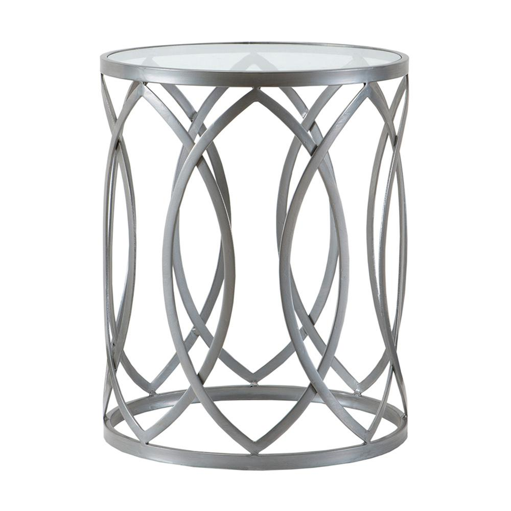 Madison Park Arlo Metal Eyelet Accent Table - Modern Geometric Design, Tempered Glass Top, Pewter Metal Base