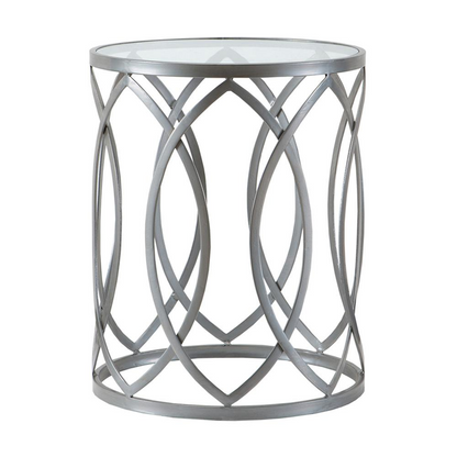 Madison Park Arlo Metal Eyelet Accent Table - Modern Geometric Design, Tempered Glass Top, Pewter Metal Base