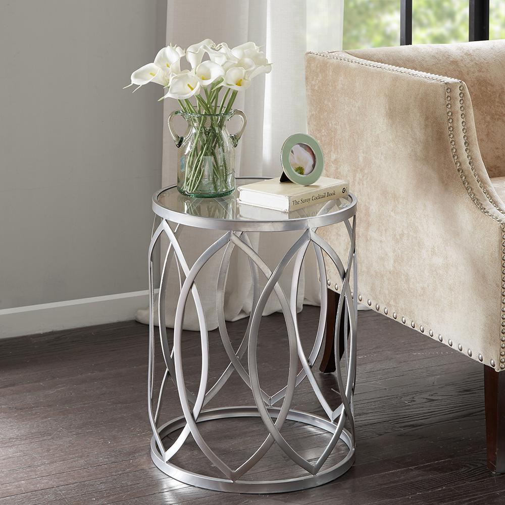 Madison Park Arlo Metal Eyelet Accent Table - Modern Geometric Design, Tempered Glass Top, Pewter Metal Base