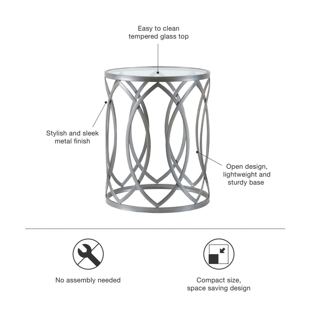 Madison Park Arlo Metal Eyelet Accent Table - Modern Geometric Design, Tempered Glass Top, Pewter Metal Base