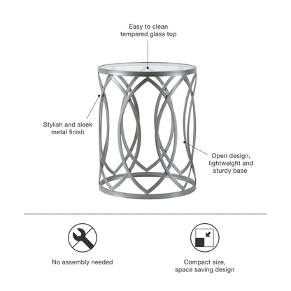 Madison Park Arlo Metal Eyelet Accent Table - Modern Geometric Design, Tempered Glass Top, Pewter Metal Base