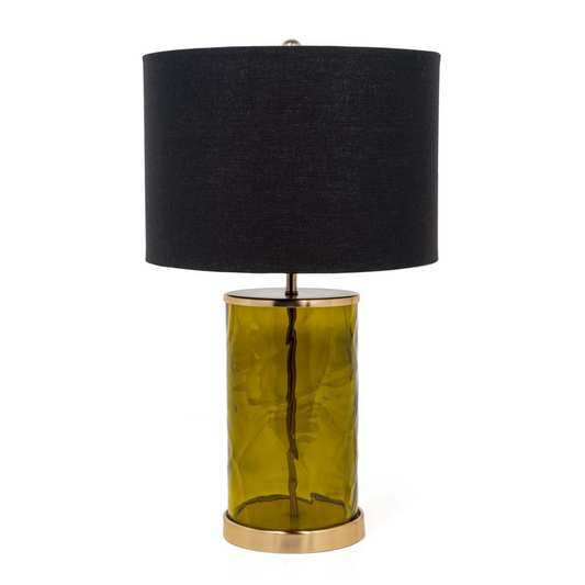 Klara 22" Glass Table Lamp - Hand Blown Green Glass Base | Black Shade | Gold Metal Details