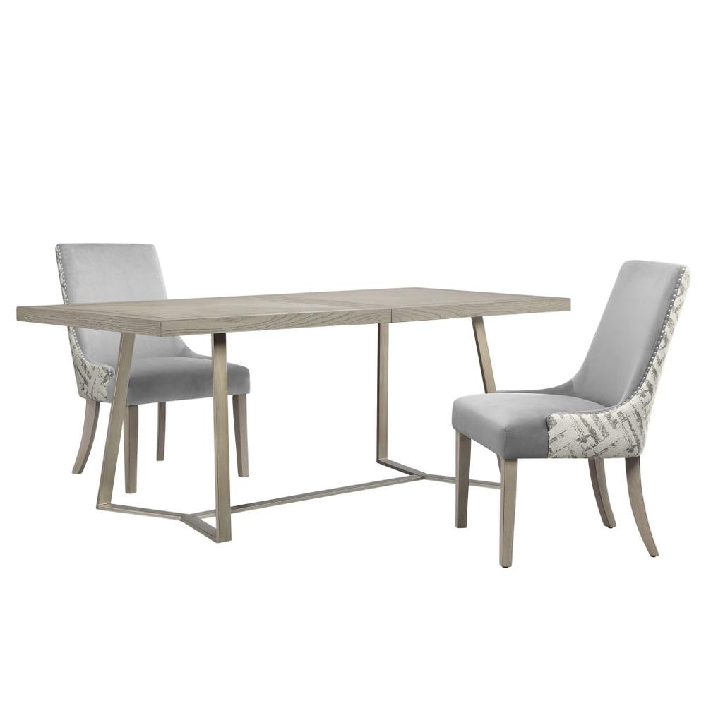 Madison Park Boulder Dining Table - Light Gray Bookmatch Pattern Table Top with Antique Silver Metal Base - Transitional Styling