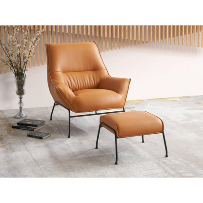 Furniture Jabel Upholstered Leather Accent Chair and Ottoman in Tan - Luxurious Comfort and Retro Industrial Flair