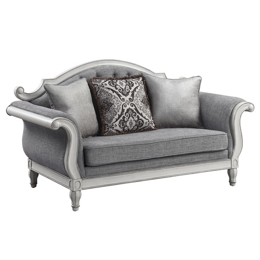 Florian Tufted Fabric Loveseat in Gray/Antique White | Elegant European Design