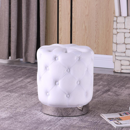 Jacobson Tufted Velvet White Accent Ottoman - Modern Velvet Fabric Upholstery and Stainless Steel Base