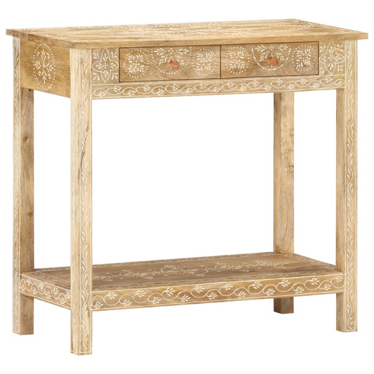 Full diagonal view of a bohemian style solid wood narrow table for hallway or entryway