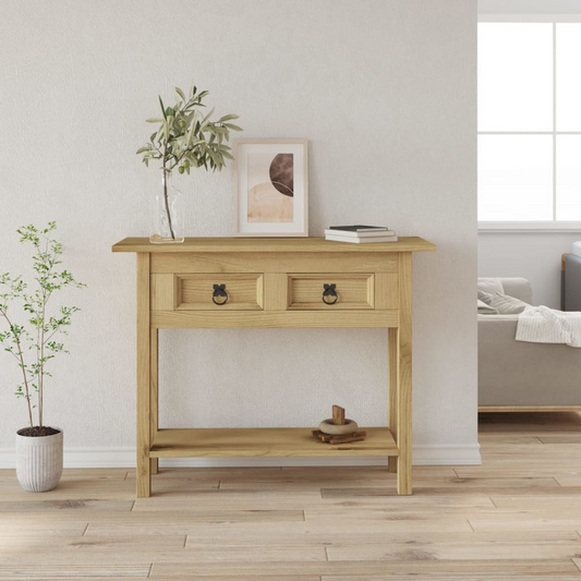 Living room view of a console table made from solid pine wood