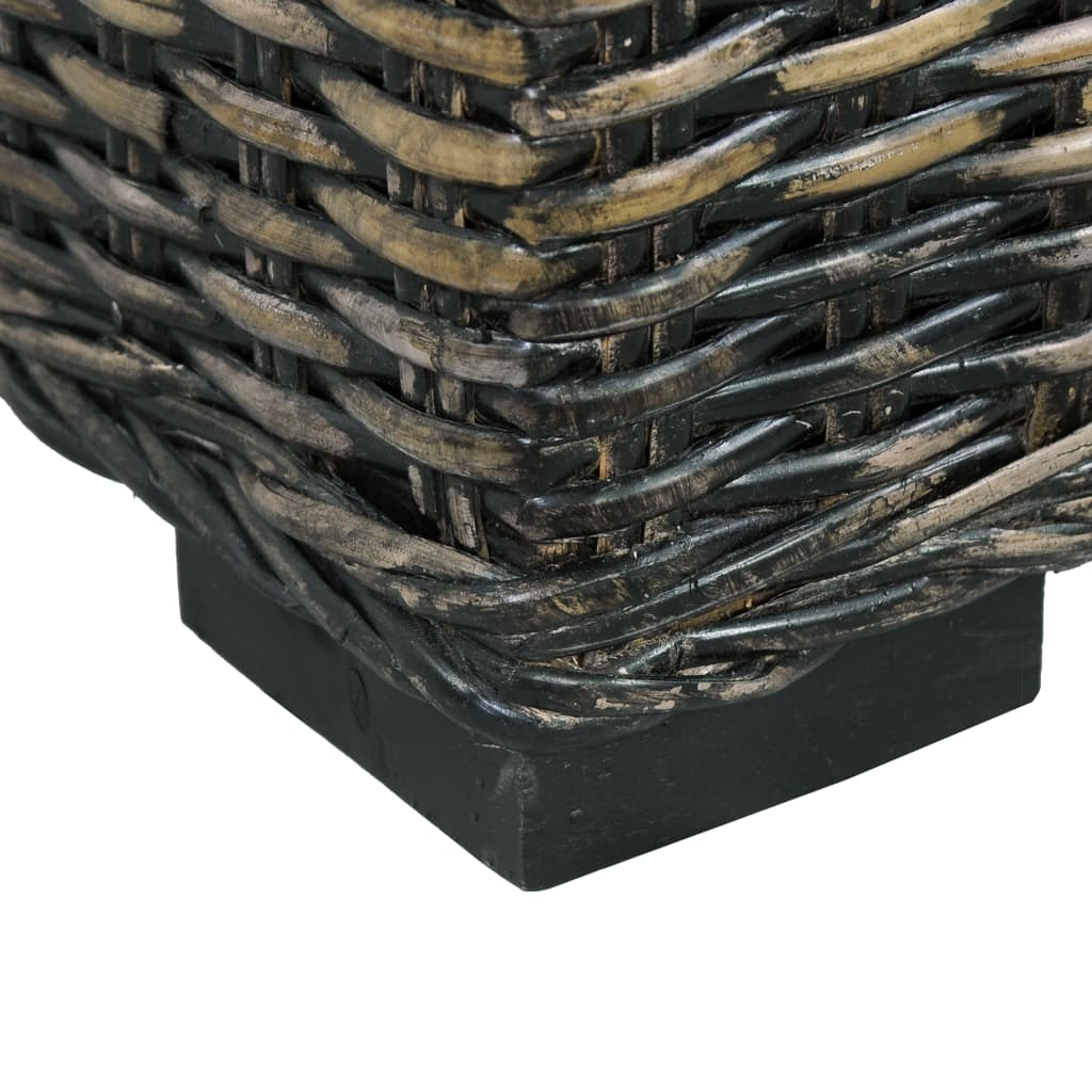 Corner view of a storage bench made of solid wood and covered in dark color rattan wicker