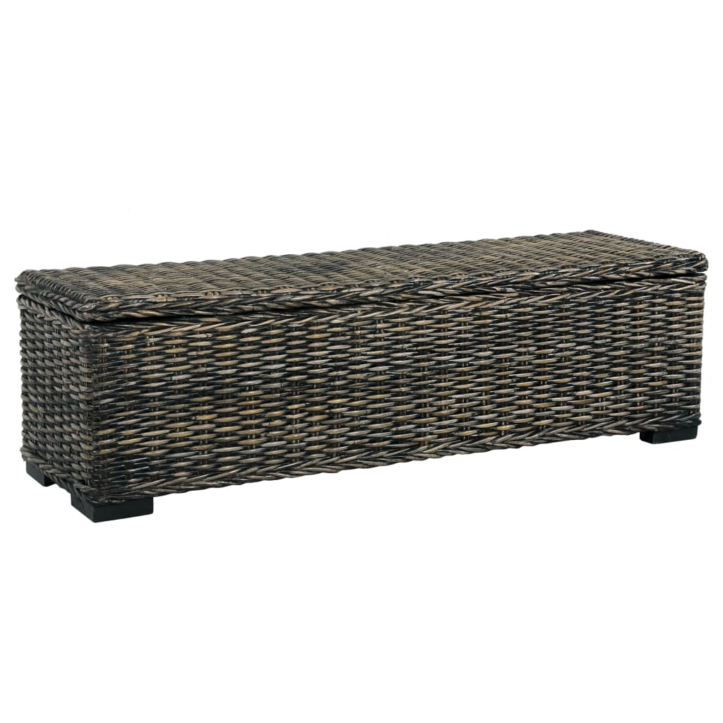 Diagonal view of a storage bench made of solid wood and covered in dark color rattan wicker