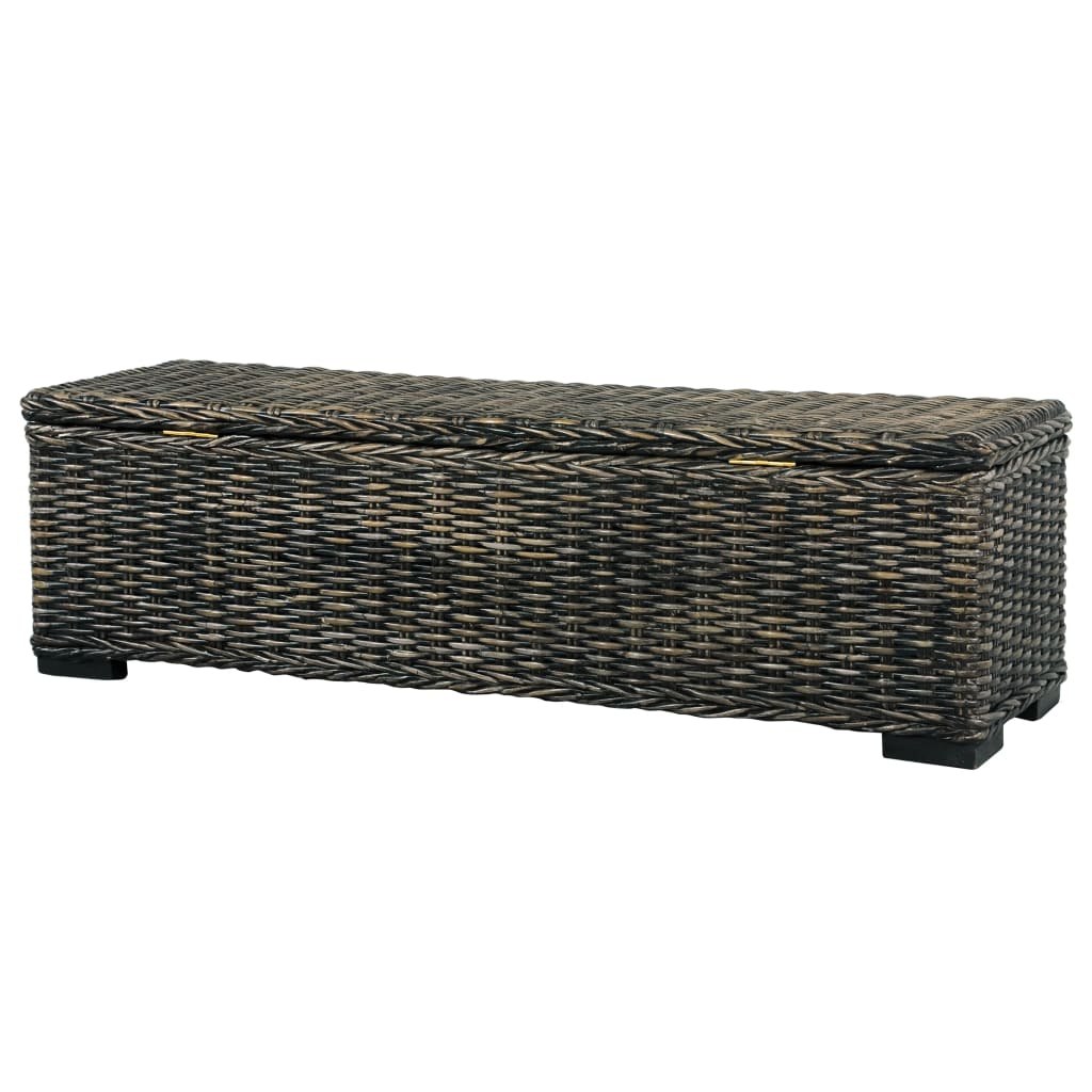 Front view of a storage bench made of solid wood and covered in dark color rattan wicker