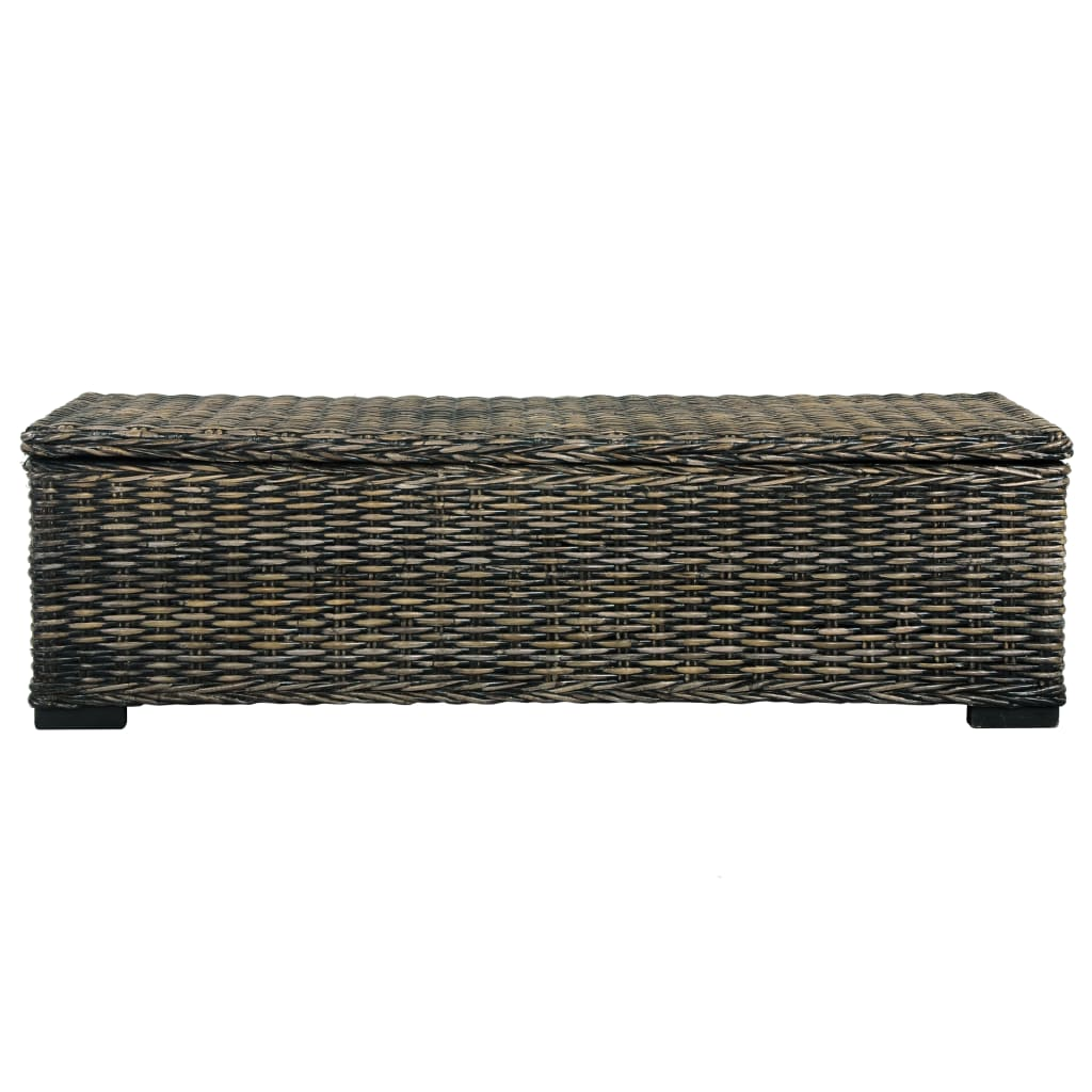 Full front view of a storage bench made of solid wood and covered in dark color rattan wicker