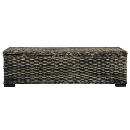 Full front view of a storage bench made of solid wood and covered in dark color rattan wicker