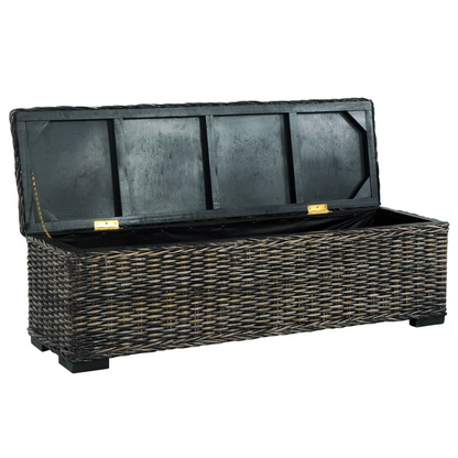 Open view of a storage bench made of solid wood and covered in dark color rattan wicker