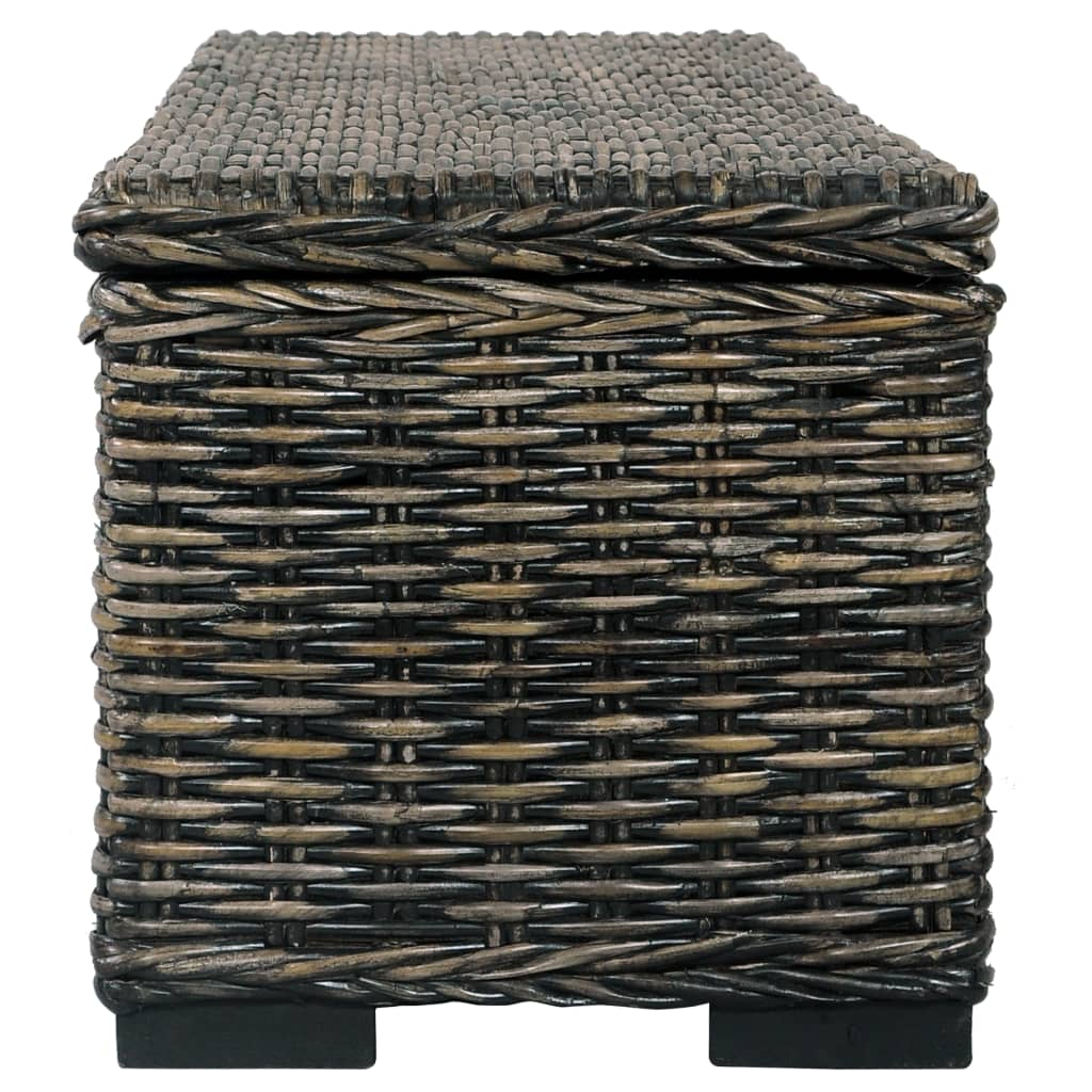 Side view of a storage bench made of solid wood and covered in dark color rattan wicker