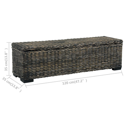 Sizing view of a storage bench made of solid wood and covered in dark colored rattan wicker