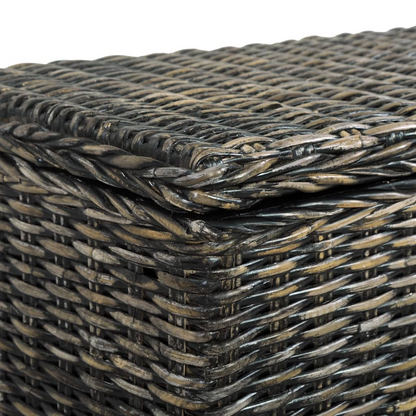 Top corner view of a storage bench made of solid wood and covered in dark color rattan wicker