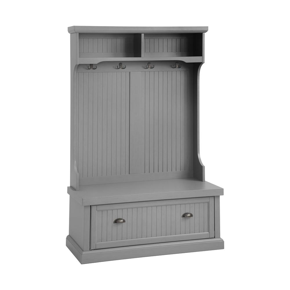 Front view of an entryway storage rack in gray color